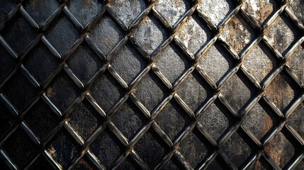 Photograph of a weathered black chain link fence with textured metal and subtle highlights.