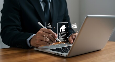 Businessman using stylus on laptop analyzing real estate data home buying checklist