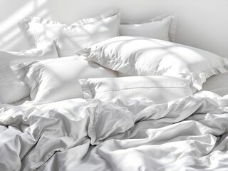 White rumpled bedding mockup with pillows in natural sunlight