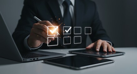Businessman Using Stylus on Virtual Checklist Data Validation