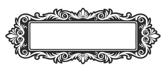 Horizontal rectangular vintage frame in black and white with swirls, flourishes and arabesque patterns forming background border with copy space in line art style for classic graphic design