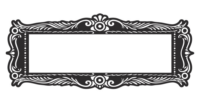 Horizontal rectangular vintage frame in black and white with swirls, flourishes and arabesque patterns forming background border with copy space in line art style for classic graphic design