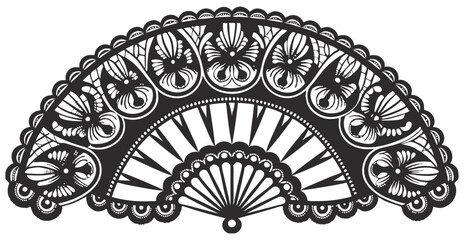 Vintage line art fan design with symmetrical swirls, scrolls, flourishes, arabesques. Used in decorative layouts, branding, packaging or label ornaments