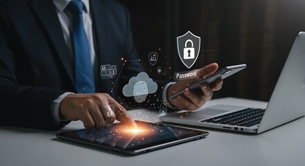 Businessman using tablet smartphone laptop data security cloud fingerprint password