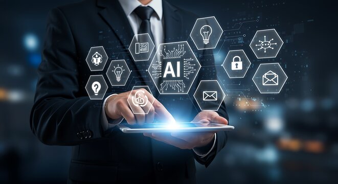 Businessman using tablet interacts with A I digital interface light blue hexagons