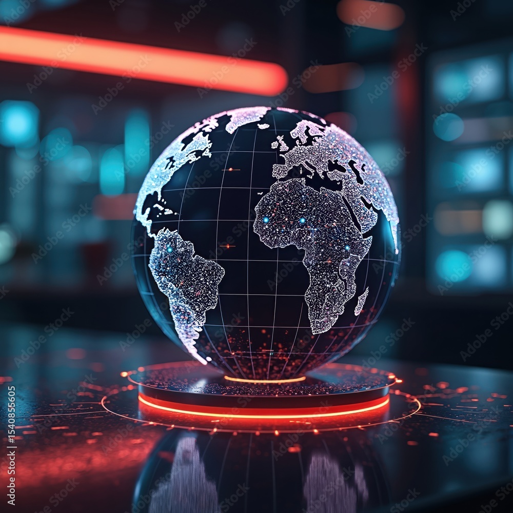 Poster Futuristic digital globe intricate data visualizations. Global connectivity big data, AI analytics. High-tech environment, network, innovation, science fiction, information.