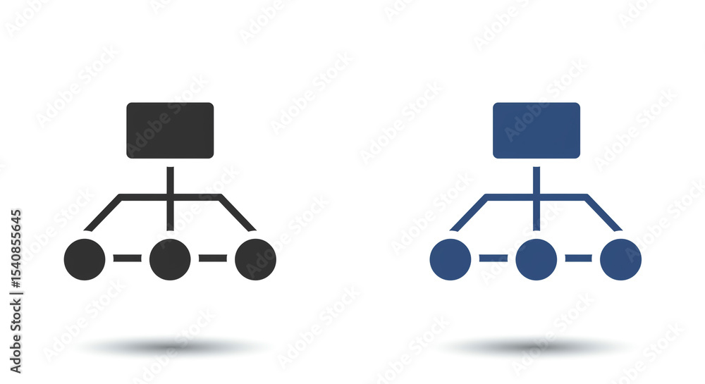 Poster two organizational charts in black and blue showing a hierarchical structure on a plain white backgr