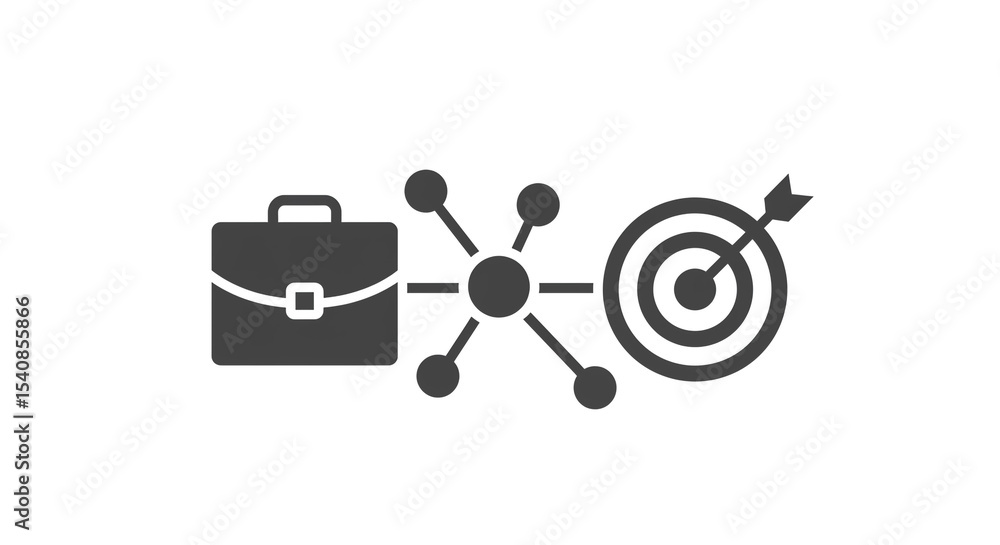 Poster a simple illustration of a briefcase connected to a network leading to a target with an arrow hit