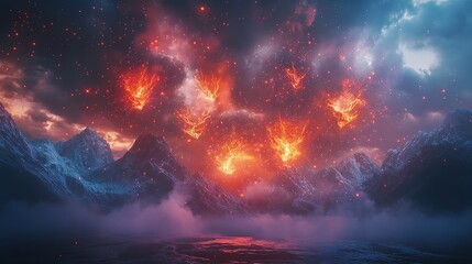 Fiery bursts of scarlet and sapphire fireworks colliding symmetrically mid-air