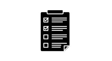 A black and white illustration of a clipboard with checkmarks and lines on a white background space