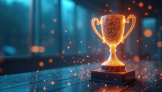 Digital trophy award on futuristic background. Glowing golden goblet on black pedestal. Modern innovation tech success achievement concept. Winner champion prize.