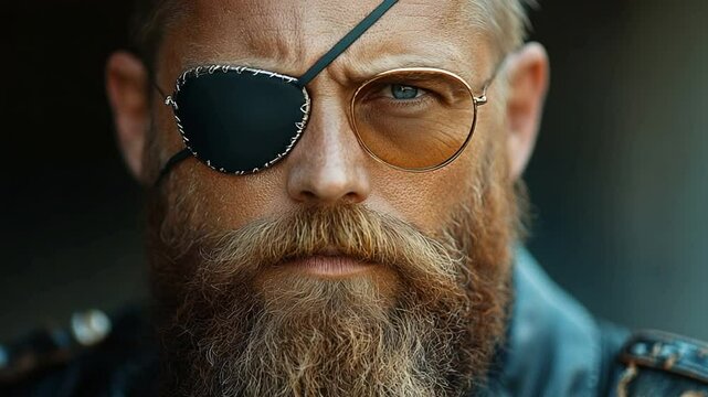 Rugged Man with Eye Patch, Beard, and Portrait.