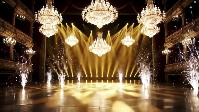 A magnificent stage with a pristine white floor, illuminated by grand, elegant crystal chandeliers. A breathtaking and luxurious setting for a wedding, royal ball, opera, or prestigious awards gala.