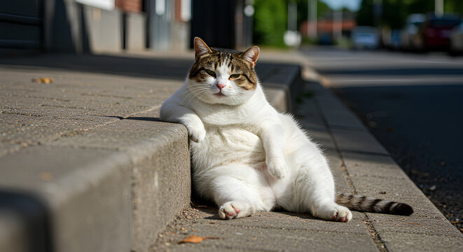 Relaxed Tabby Cat Sitting in a Funny Human-Like Pose on a Sunny Sidewalk&mdash;Perfect for Pet Humor, Urban Lifestyle Blogs, and Animal-Themed Stock Photography