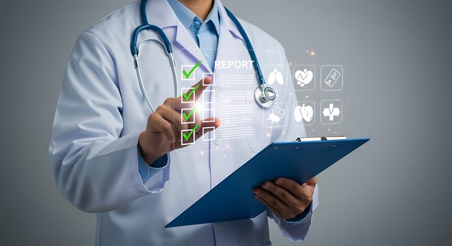 Doctor reviewing digital medical report holographic interface health icons checklist
