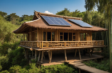 Eco-Friendly Bamboo House with Solar Panels in Lush Forest