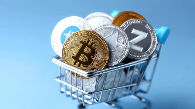 Small shopping cart filled with various cryptocurrency coins, including prominent gold one, symbolizes digital currency investment. blue background adds modern touch