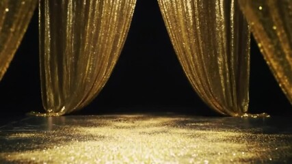 Rich, heavy golden curtains are pulled back, framing a dark, expectant stage. This luxurious and dramatic theatrical background is perfect for a premiere, grand reveal, or prestigious event opening.