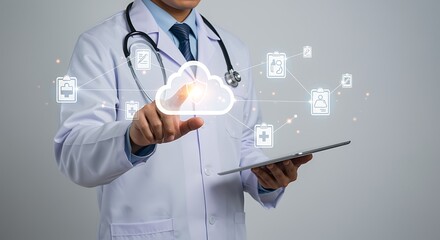 Doctor using tablet interacting with digital cloud healthcare data network