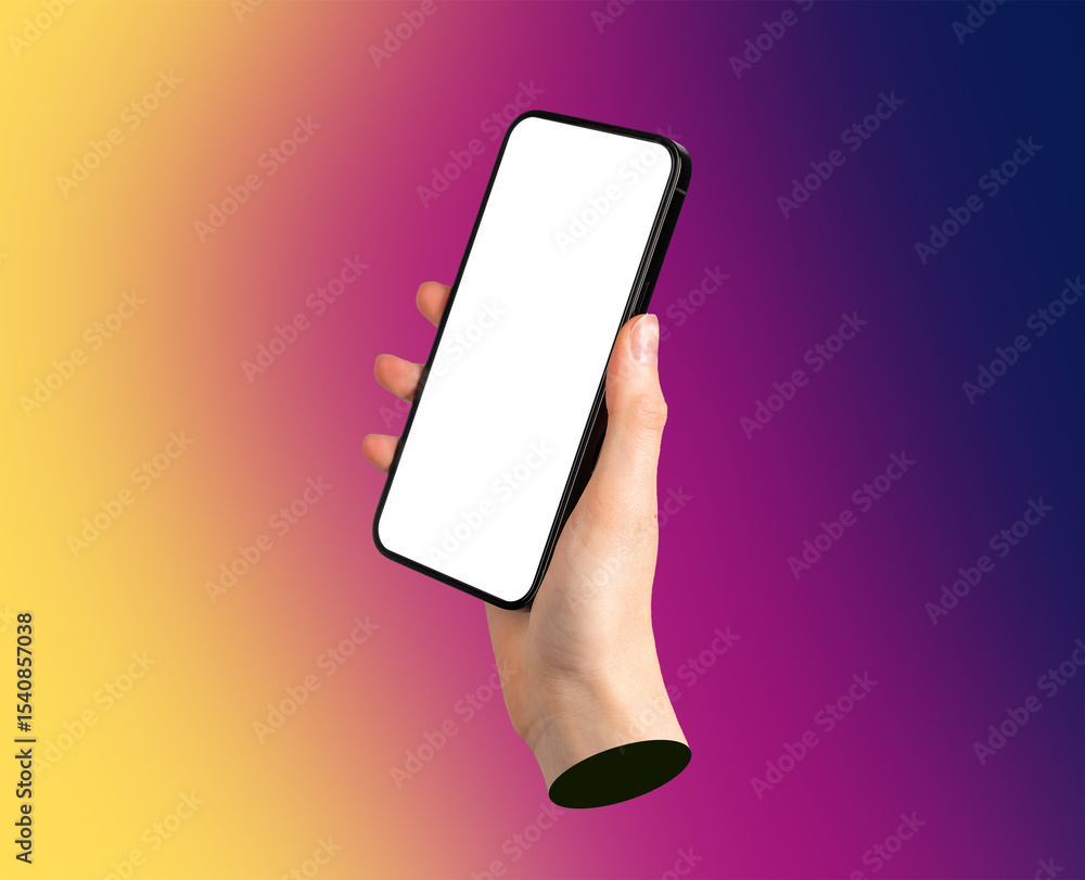 Poster holding a smartphone with screen, blank template for app design or digital application. Modern