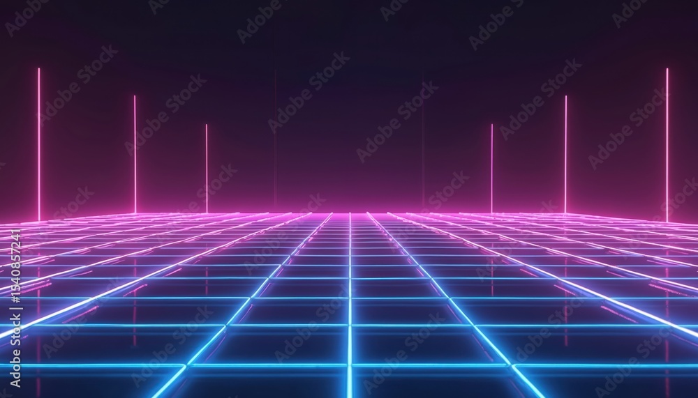 Poster retro neon blue abstract background. synthwave grid, video game style design. laser lines, glowing i