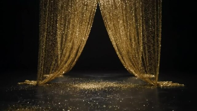  Elegant, shimmering gold curtains part to reveal a dark, empty stage with a single spotlight on the floor. A classic theatrical background for a grand opening, showtime reveal, or formal event intro.