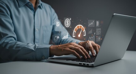 Person in blue shirt using laptop with digital business growth interface