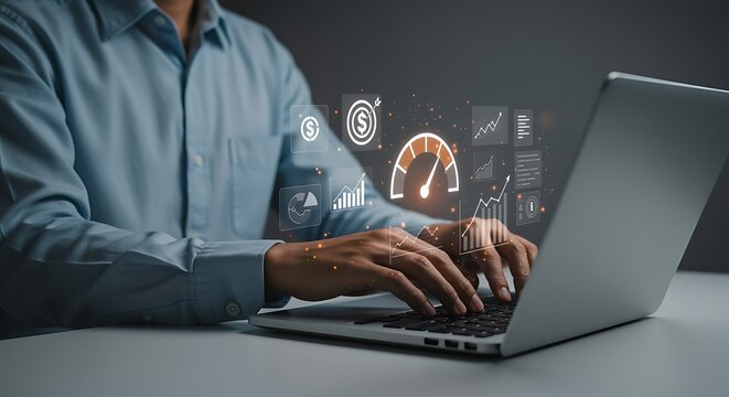 Person in blue shirt using laptop with digital business growth interface - Powered by Adobe