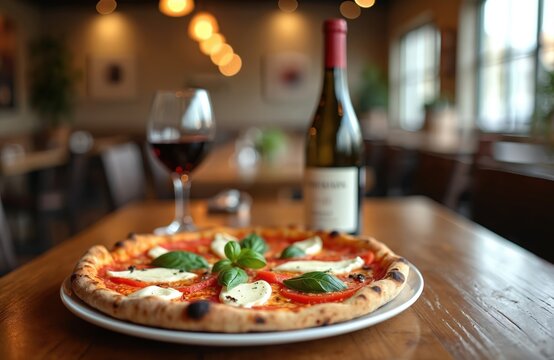 Delicious pizza with mozzarella cheese tomatoes basil served with red wine in restaurant. Italian cuisine dinner concept. Traditional tasty food on wooden table. Restaurant interior, romantic dinner. - Powered by Adobe