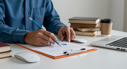 Person reviewing financial charts graphs using pencil laptop clipboard
