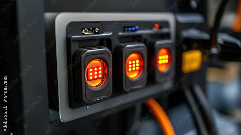 Poster close-up of a modern control panel with illuminated red led indicators and usb port in a vehicle or 