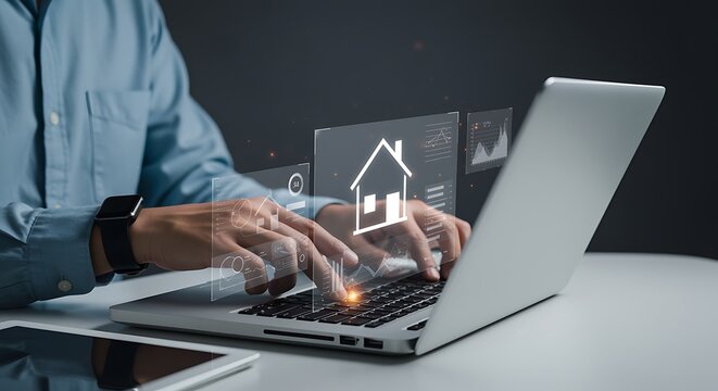 Person using laptop with smart home interface overlay graphs and charts - Powered by Adobe