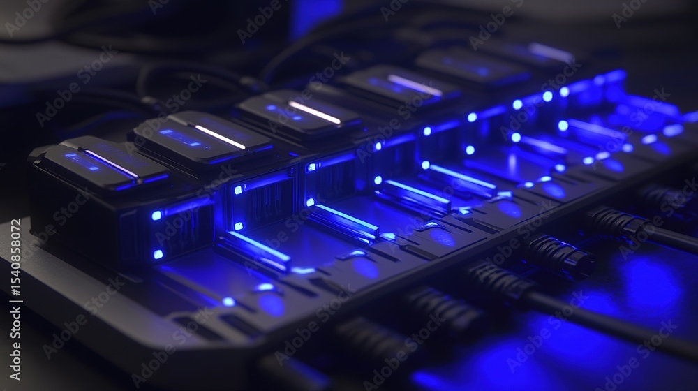 Poster a close-up of a network switch featuring multiple ethernet cables connected, illuminated by blue led