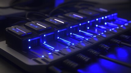 A close-up of a network switch featuring multiple Ethernet cables connected, illuminated by blue LED lights, highlighting modern data communication infrastructure.