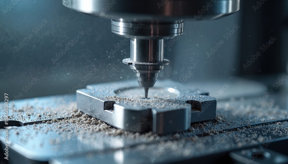 Poster cnc machining metal part process. automated machinery metalworking industry. precision technology ma