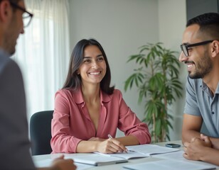 Obraz premium Young diverse business team meeting in office. Hispanic woman with colleague partners, discussing new project. Creative startup teamwork, brainstorming session, confident expressions, planning
