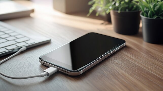 A smartphone connected to a charger lies on a wooden desk beside a keyboard and small potted plants.