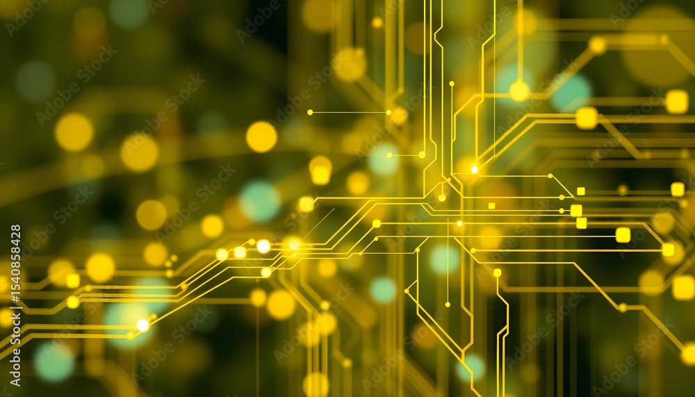 Poster abstract close-up of a circuit board with glowing yellow lines and bokeh effects, suggesting technol