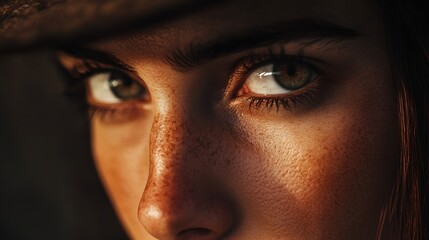 Fototapeta premium A woman with green eyes and a tan hat
