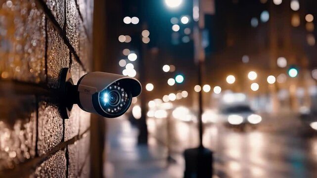 Security camera mounted on wall monitoring urban street at night  