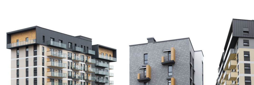 Modern apartment building in the city. High-rise residential condominium with sleek design, large