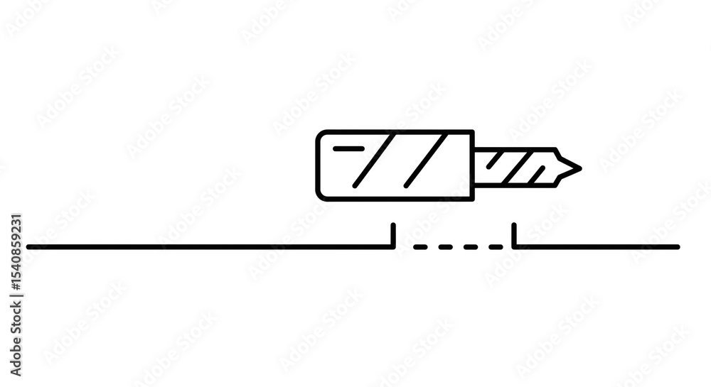 Poster a minimalist line drawing of a drill bit positioned above a dashed line on a white background space