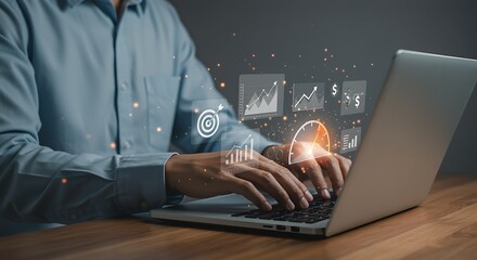Person in Blue Shirt Using Laptop Analyzing Financial Data Charts Graphs