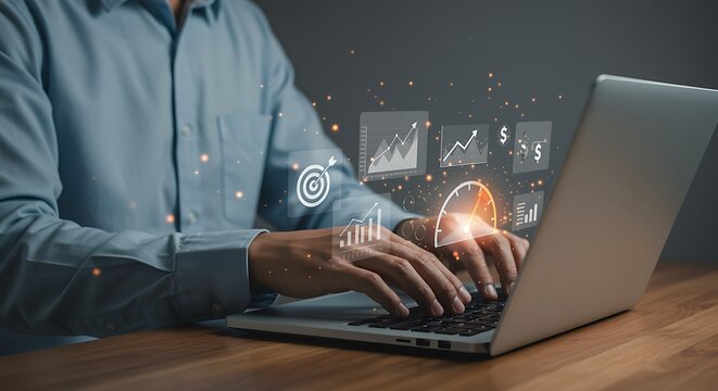 Person in Blue Shirt Using Laptop Analyzing Financial Data Charts Graphs