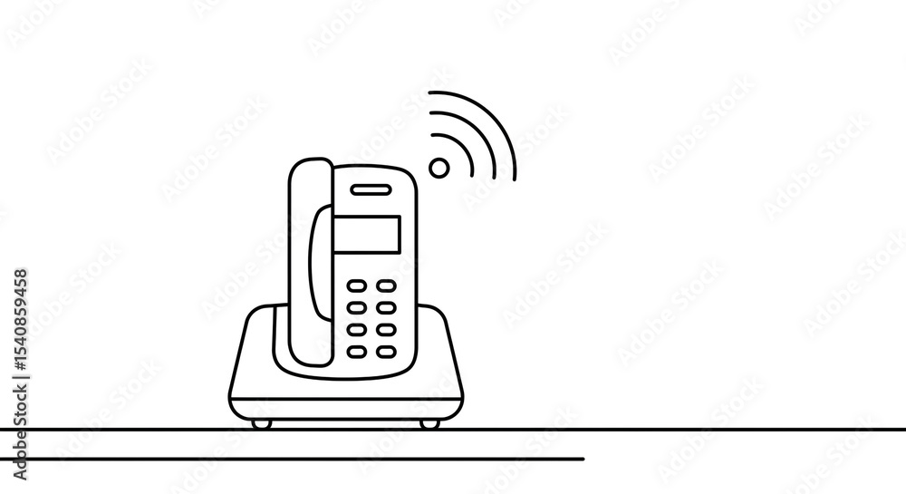 Aufkleber a minimalist line drawing of a cordless phone on a base with a wifi signal above it on a white backg