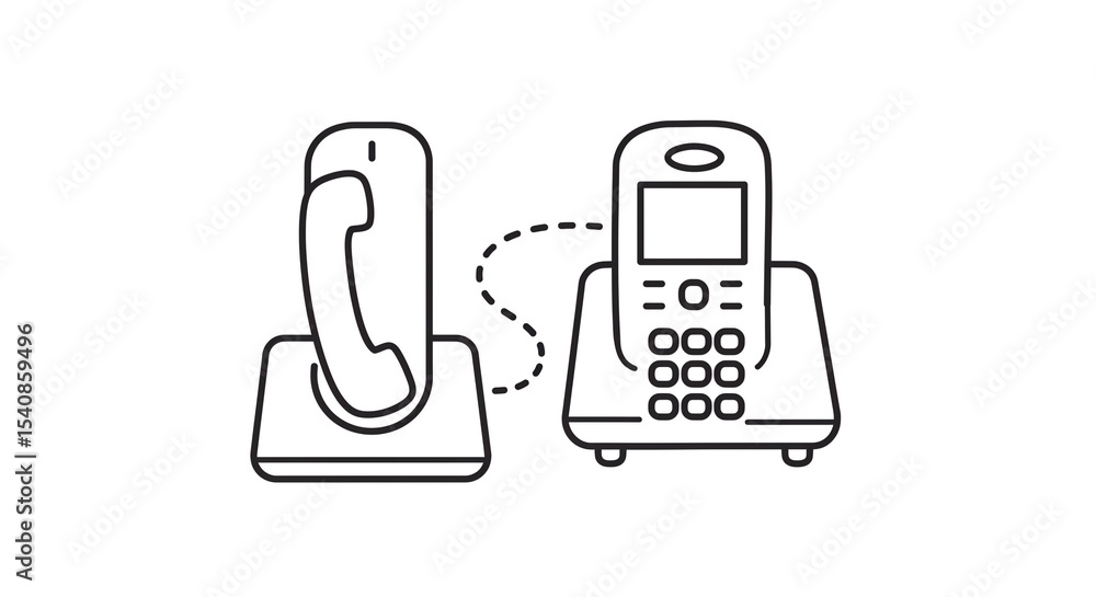 Poster a line drawing of two cordless phones connected by a dotted line on a white background in vector sty
