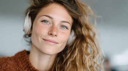 A woman with long hair and a brown sweater