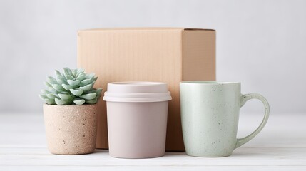 A box with a plant and two cups sits on a table