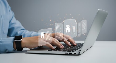 Person using laptop reviewing real estate documents home buying process