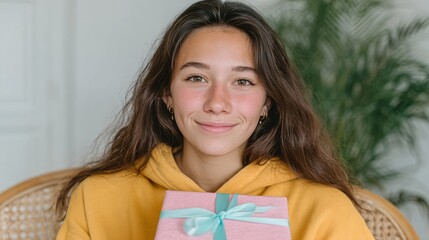 A woman in a yellow hoodie is holding a pink gift box with a blue ribbon